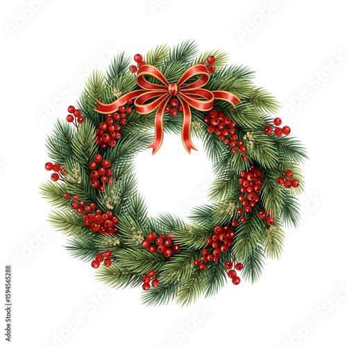 Festive Christmas Wreath with Red Bow and Holly Berries Decoration