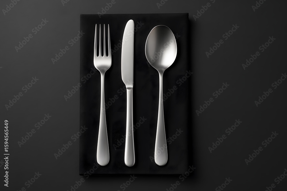 Elegant Silverware Cutlery Set Placed on Black Napkin for Fine Dining and Restaurant Menu Visuals Elegant Silverware Cutlery Set Placed on Black Napkin for Fine Dining and Restaurant Menu Visuals