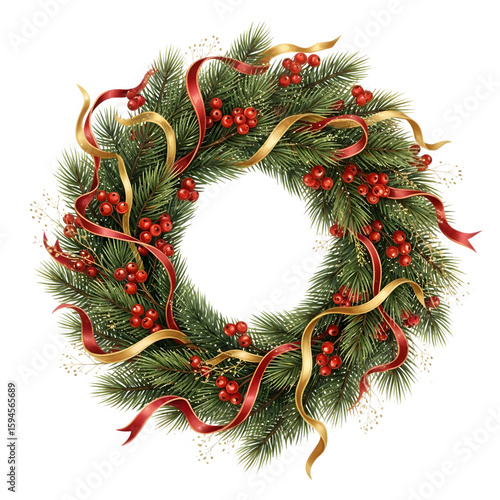 Festive Christmas Wreath with Red Bow and Holly Berries Decoration