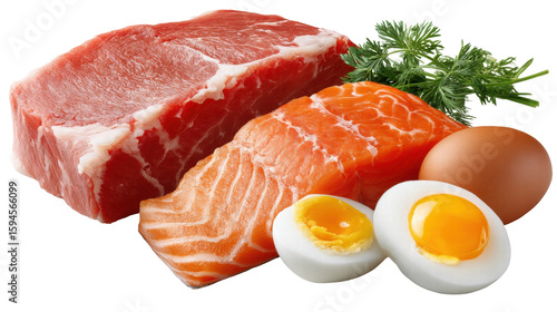 Raw meat salmon fish egg and herb isolated on transparent background with fresh food ingredients