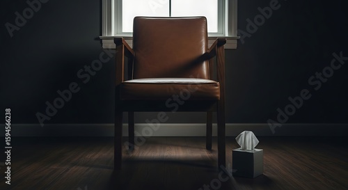 Empty Brown Leather Therapy Chair and Tissue Box in Dark Room Bathed in Window Light Evoking Solitude.