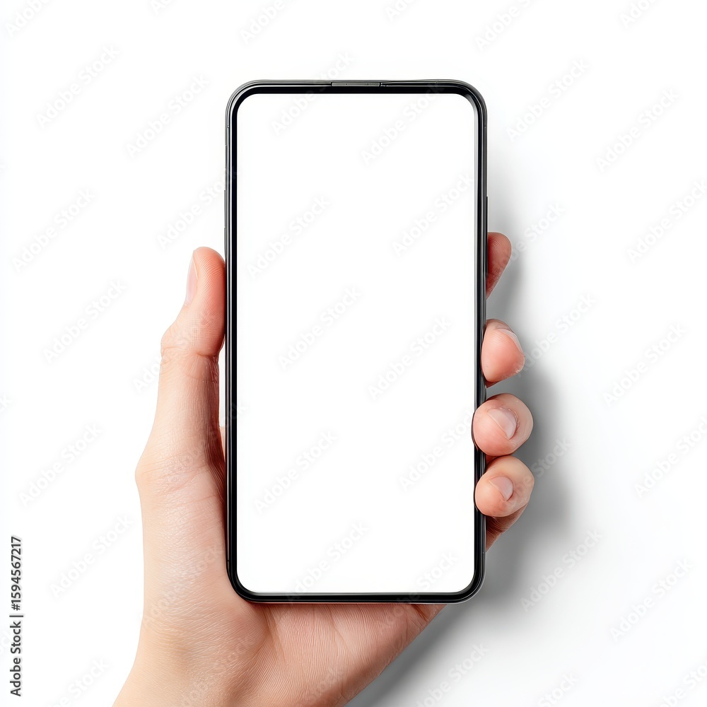 A person holding a cell phone with a blank screen A person holding a cell phone with a blank screen