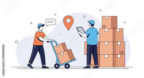 Logistics delivery service workers coordinating package shipments and tracking parcel locations efficiently