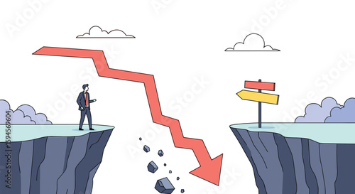 Businessperson standing on cliff edge facing a steep downward arrow crossing a chasm towards another cliff with a signpost