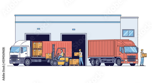 Warehouse logistics and freight shipping operations with trucks and forklifts loading cargo containers for delivery and distribution