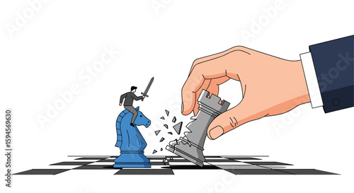 Businessman warrior on chess horse conquers rook in strategic battle on chessboard