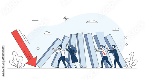 Business people working together to prevent financial domino effect and economic collapse