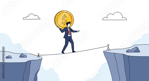 Businessman walking on a tightrope carrying a large gold coin symbolizing financial risk and investment challenges