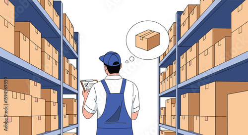 Warehouse worker carefully organizes inventory and checks package details on clipboard in storage facility