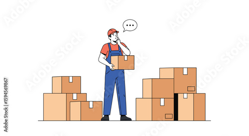 Delivery person contemplating package selection amidst a pile of cardboard boxes for shipping and logistics