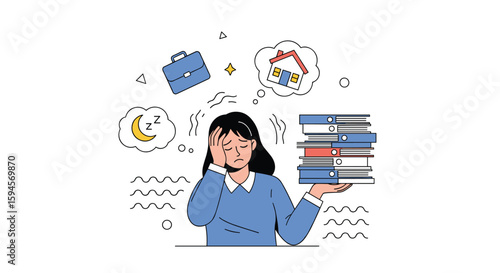 Illustrating the overwhelmed feeling of a young woman balancing work life family and personal well being