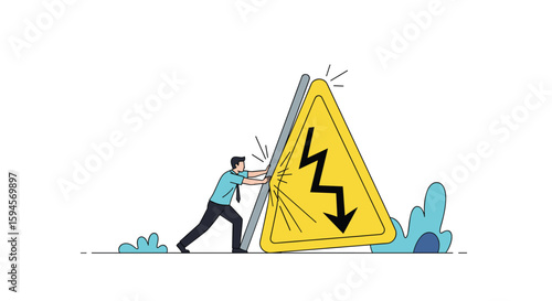 Man pushing against falling electrical hazard warning sign indicating danger and risk management