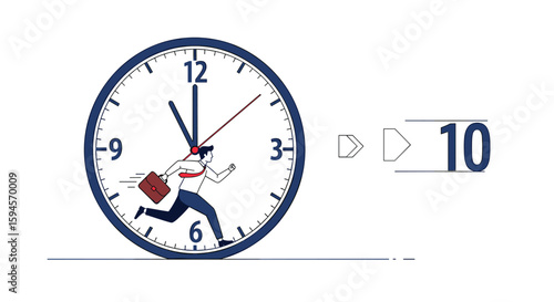 Man running towards clock showing nearly ten oclock symbolizing busy schedule and deadlines approaching quickly