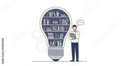 A man holds a globe of books inside a lightbulb shaped bookshelf representing knowledge and ideas