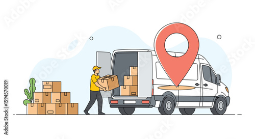 Logistics delivery truck loading packages with a large red location pin indicating delivery destination and service