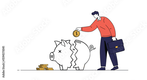 Man puts coin into broken piggy bank with coins scattered around symbolizing financial crisis or loss of savings