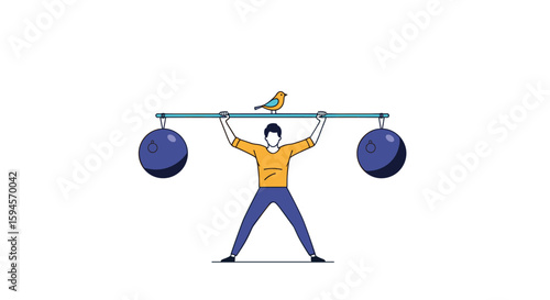 A person balancing heavy weights on a bar with a small bird perched on top demonstrating strength and equilibrium