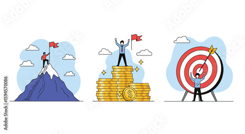 Achieving success climbing mountains winning medals reaching goals and celebrating achievements in business life and sports