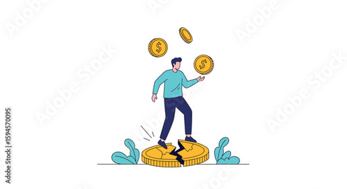 A person skillfully juggles coins while standing precariously on a broken golden coin surrounded by swirling money symbols