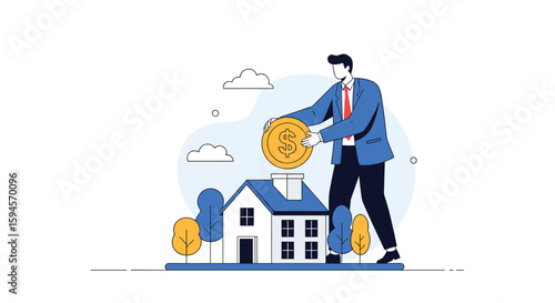 Man in suit depositing a large gold coin into a small house saving bank representing financial investment in property and wealth accumulation for home ownership