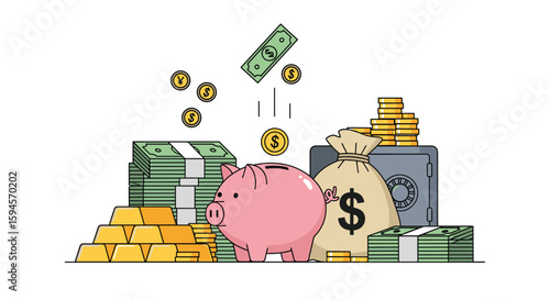 Visualizing financial growth and wealth accumulation with a piggy bank and gold bars illustration