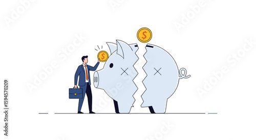 Businessman trying to save money in a broken piggy bank representing financial difficulties and economic instability