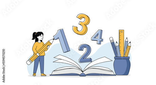 Young student learning mathematics education concepts with numbers and books representing academic knowledge and skill development