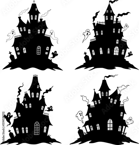 Four haunted mansions with twisted towers and flying bats create spooky halloween castle silhouette collection set