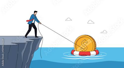 Businessman rescues floating coin lifebuoy from dangerous waters to secure financial stability