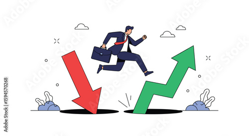 Businessman jumping over arrows showing financial growth and decline representing business success and failure