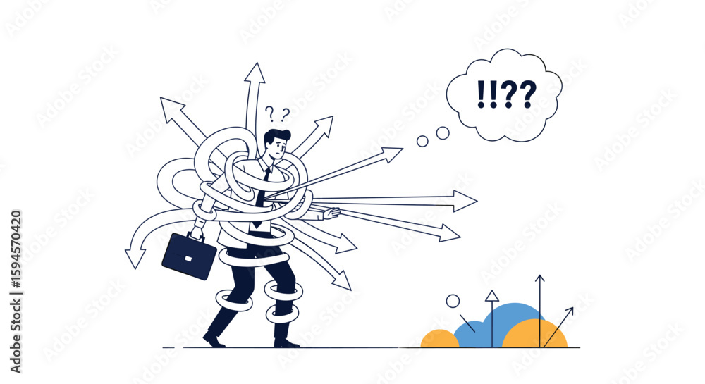 Obraz premium Man caught in a web of confusing arrows feeling overwhelmed and uncertain about the best direction forward