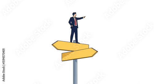 Businessman standing at a crossroads with a decision to make pointing to the future and possibilities