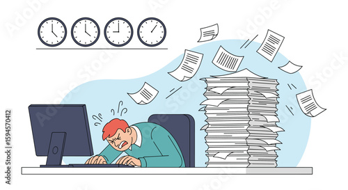 Overworked employee sleeping at desk surrounded by flying papers and clocks indicating tight deadline