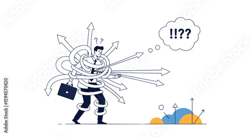 Man caught in a web of confusing arrows feeling overwhelmed and uncertain about the best direction forward