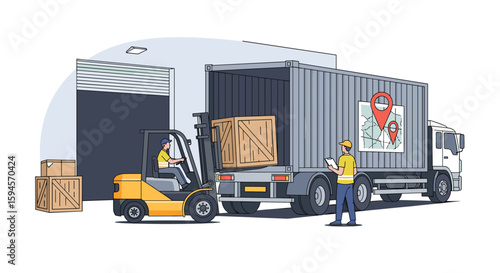 Logistics warehouse operations efficiently loading freight into trucks with forklifts and workers overseeing the process