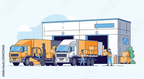 Logistics and supply chain management workers loading goods into trucks at a warehouse facility