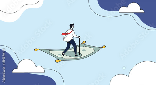 A businessman rides a magic carpet through the sky among clouds and abstract shapes