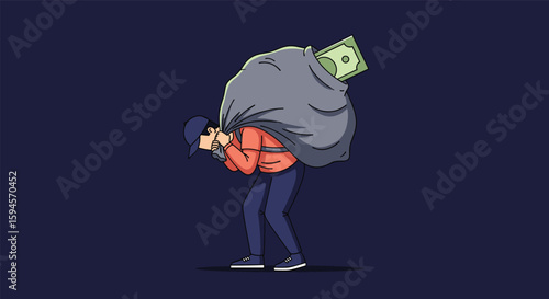 Pixelated thief struggles carrying a large sack filled with money under a dark sky representing financial burden and struggle