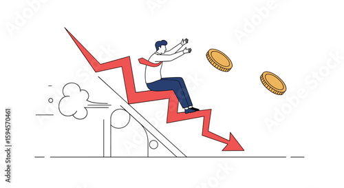 Financial downturn and economic recession impact business and individual wealth with falling stock markets and currency devaluation causing widespread financial hardship for people globally