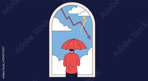 A person holding an umbrella stands underneath a falling red arrow and lightning bolt illustration symbolizing financial downturn