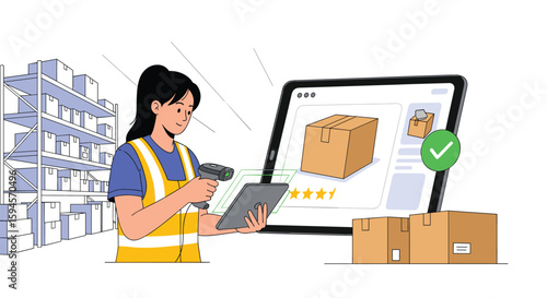 Modern warehouse worker scans package with tablet and barcode scanner next to computer screen showing product details and ratings for efficient inventory management