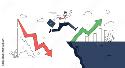 Business man jumping from downward red arrow over gap to upward green arrow symbolizing success and overcoming challenges