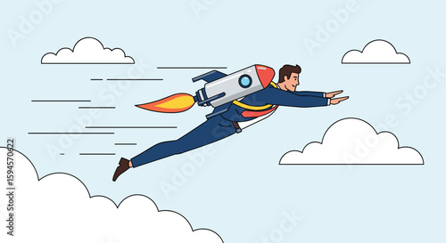 Businessman soaring through the sky with a rocket pack on his back demonstrating rapid progress and ambition