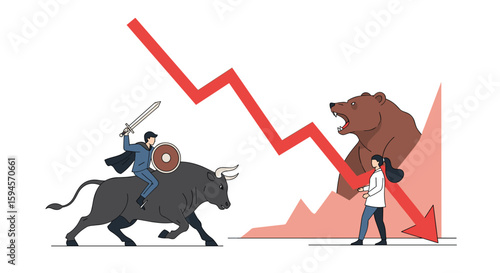 Navigating market volatility a knight on a bull confronts a bear amidst a declining financial trend