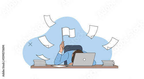 Overwhelmed professional struggling with excessive paperwork and overwhelming workload at desk with laptop flying papers and books signifying stress and burnout