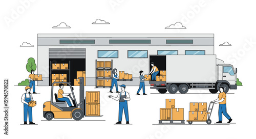Warehouse workers efficiently manage inventory and prepare shipments with forklifts and hand trucks in this busy logistics operation