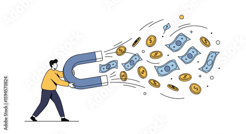 Man holding a giant horseshoe magnet attracting flying coins and banknotes towards himself illustrating financial success and wealth accumulation