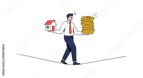 Businessman balancing house and money on a tightrope symbolizing financial risk management and real estate investment decisions