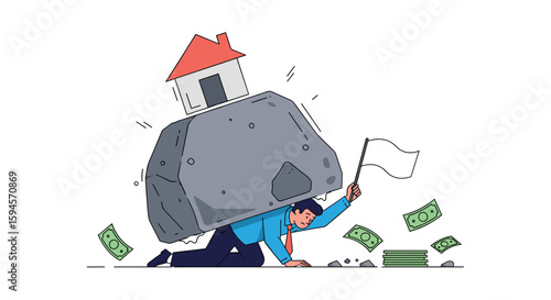 Man crushed underneath a large rock representing financial burden and debt