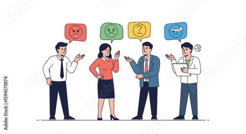 Illustration of four diverse business people arguing and expressing different emotions through speech bubbles showing disagreement and frustration in a professional setting